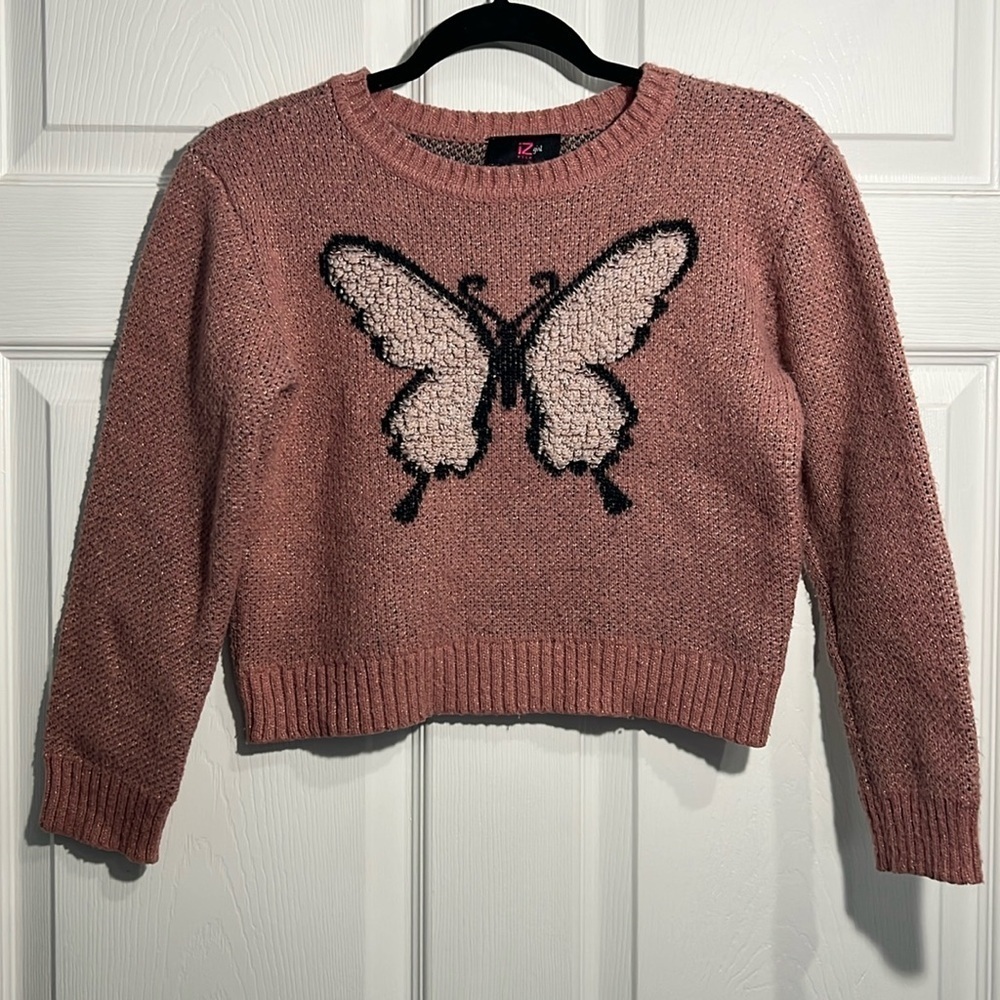 Amy Byer Girls Loopy Butterfly Sweater - Size Medium (10 - 12) - Rose Pink